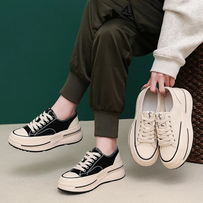 Women Fashion Height Increasing Platform Mocasines Contrast Color Low Cut Canvas Shoes All-match Lace-up Vulcanizes Footwear