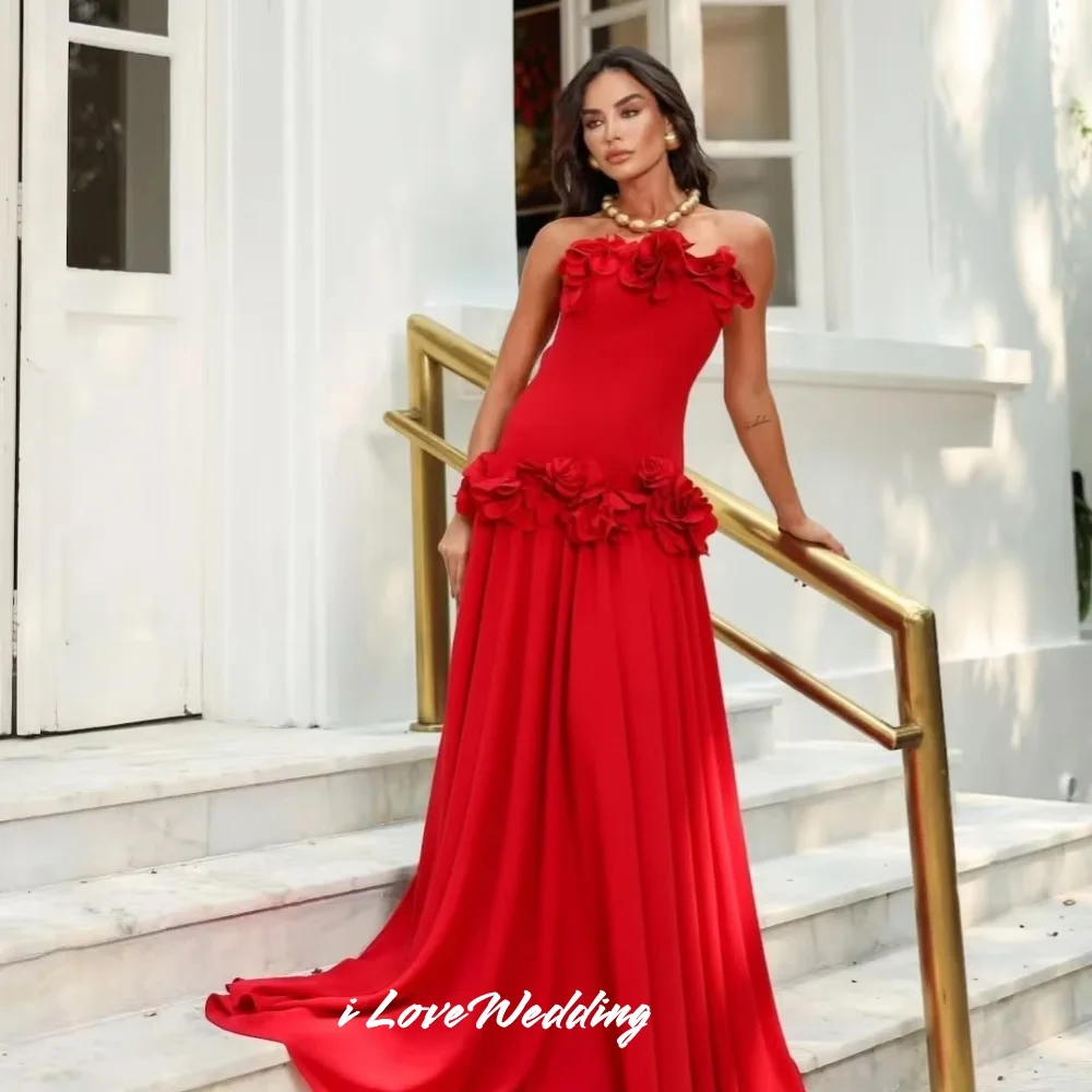 

Red Strapless Evening Dresses 2025 Sleeveless 3D Flower A-Line Pleated Floor-Length Prom Dresses Wedding Party Dress Customized
