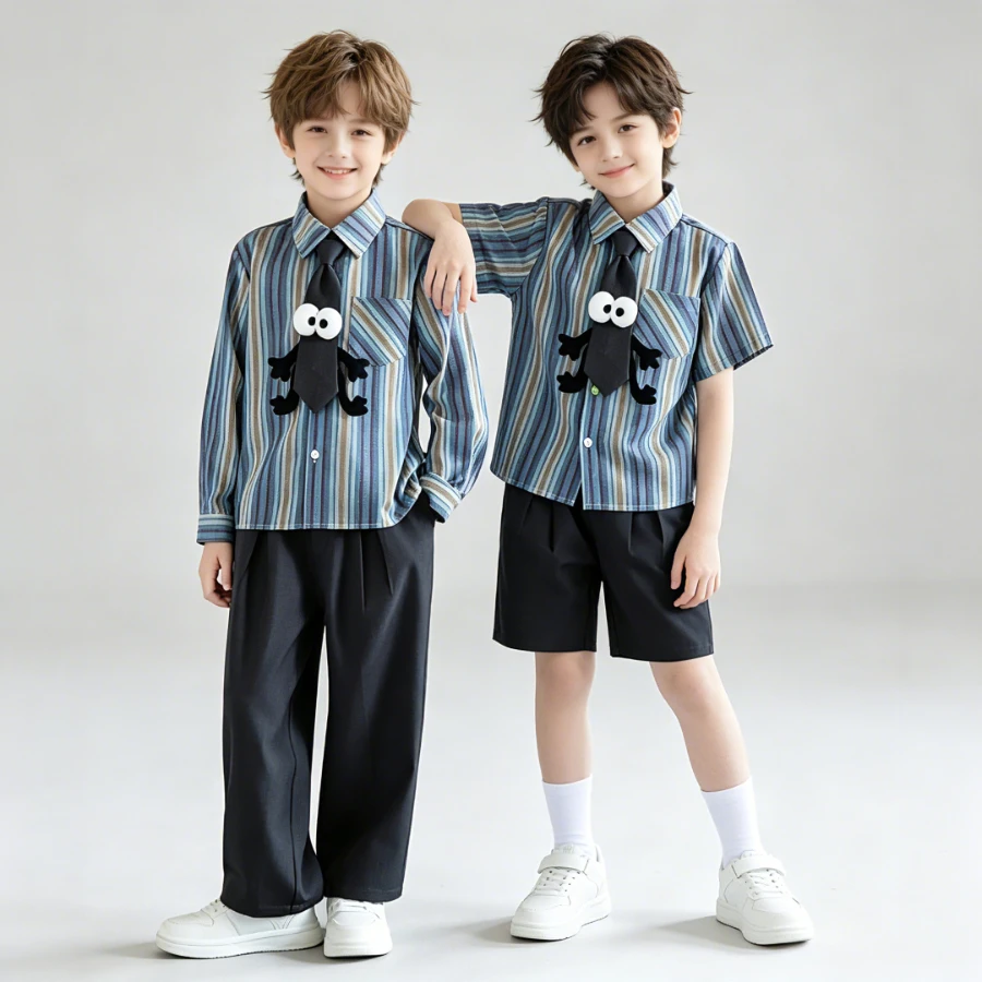Boys Cartoon Eye Striped Shirt Outfit with Decorative Tie Wide Leg Pants Shorts for Kids Birthday Party Casual Daily Costume 8 Y