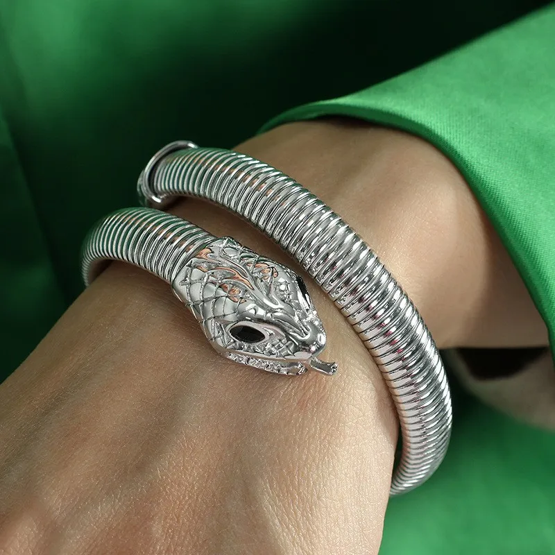 New ins Stainless Steel Wrapped Snake Bracelet Vintage Elastic Gypsy Polishing Bangle For Women Men Fashion Jewelry