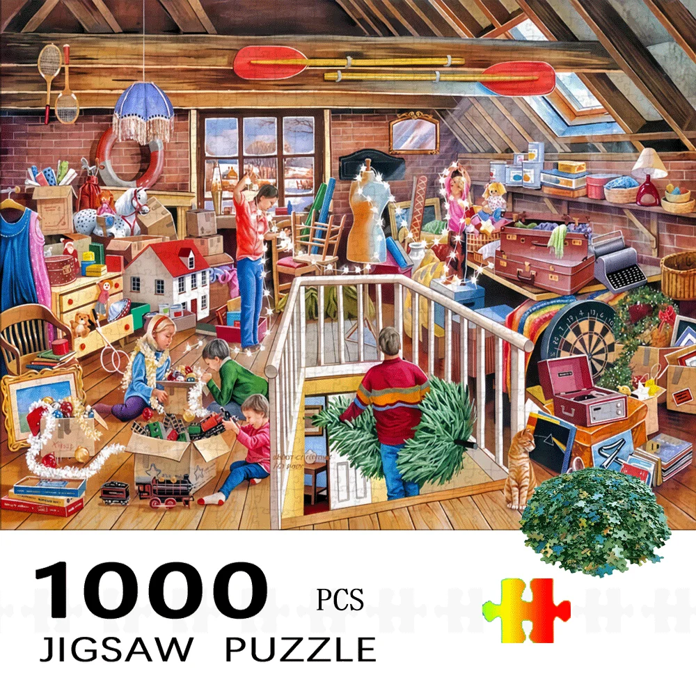 1000 pièces Puzzle pour adultes-scène de grenier organisée avec des couleurs vives, projet de bricolage de décoration de maison familiale, jeu de casse-tête