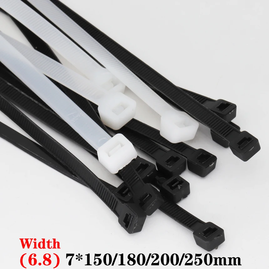 7*150/180/200/250mm 6.8mm Width White Black Wire Cable Self-Lock Nylon Plastic Strap Wrap Ziptie Bundle Zip Ties Cable Tie