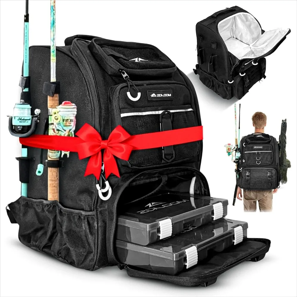 

Waterproof Fishing Backpack with Tackle Boxes, Rod Holder & Foldable Net - 45L Fishing Tackle Bag with Trays Included, Extra