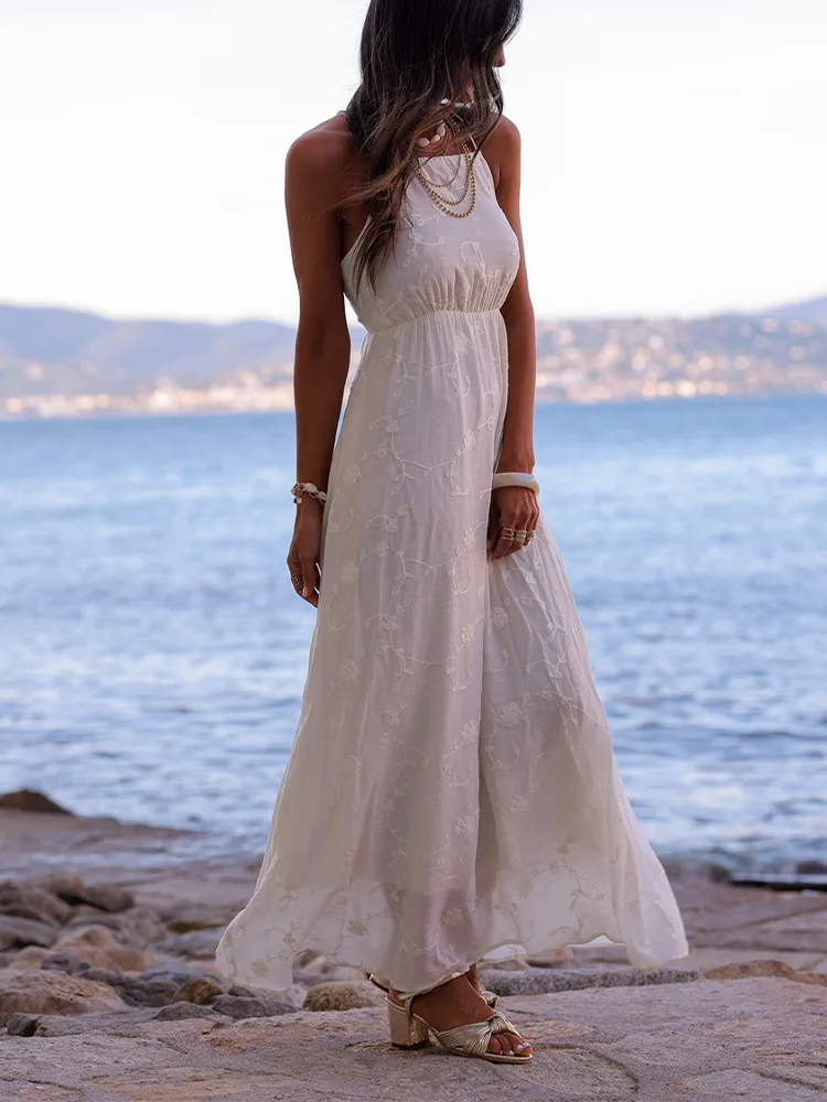 

Новое летнее платье с французской вышивкой 2025, праздничное пляжное длинное платье со шнуровкой и открытой спиной на подтяжках