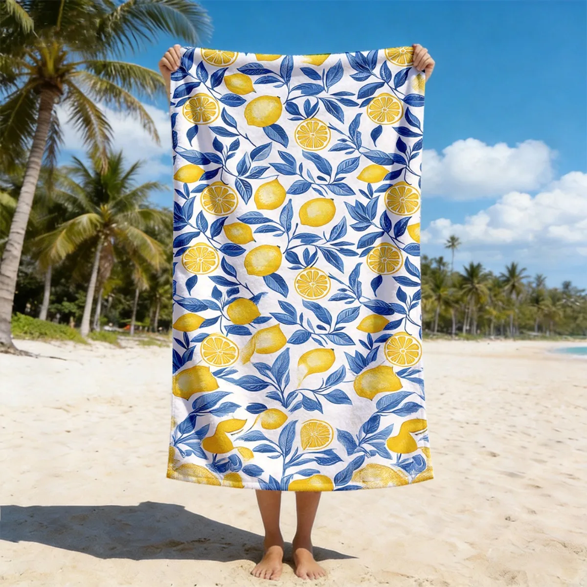 Mediterranean Lemon Beach Towel Summer Towel Blue Leaves Print Pool Towel Large Microfiber Beach Towel Aesthetic Vacation Mat