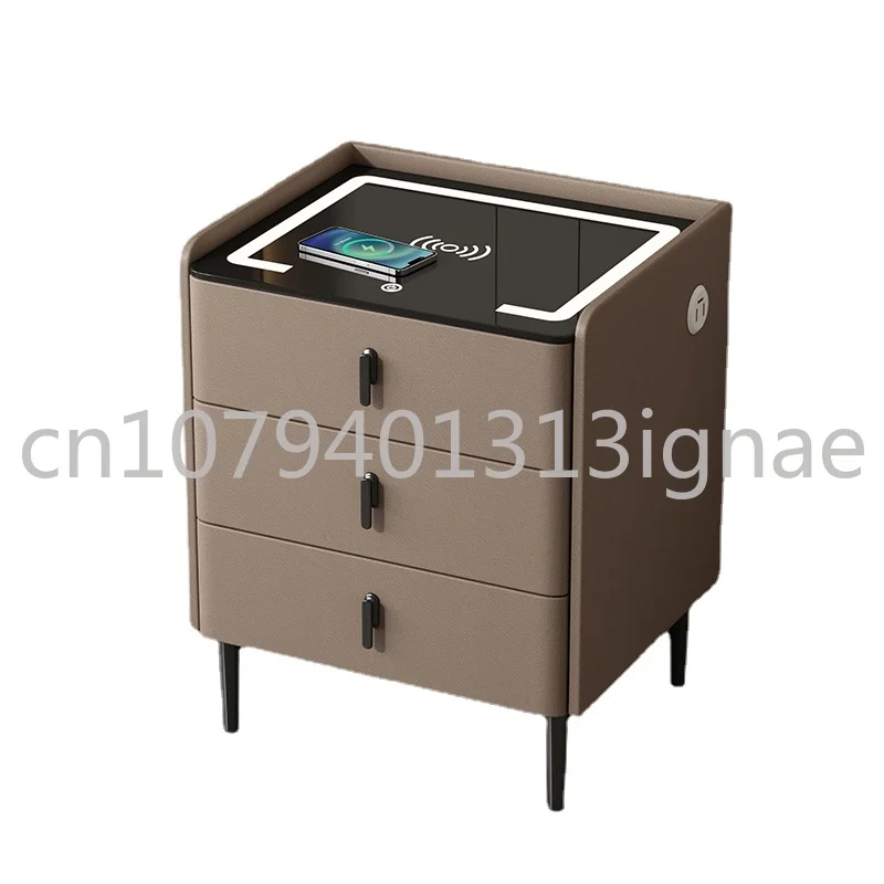 Bedside Table Smart Stone Plate Three-Drawer Wireless Full Wood Cream Style Modern