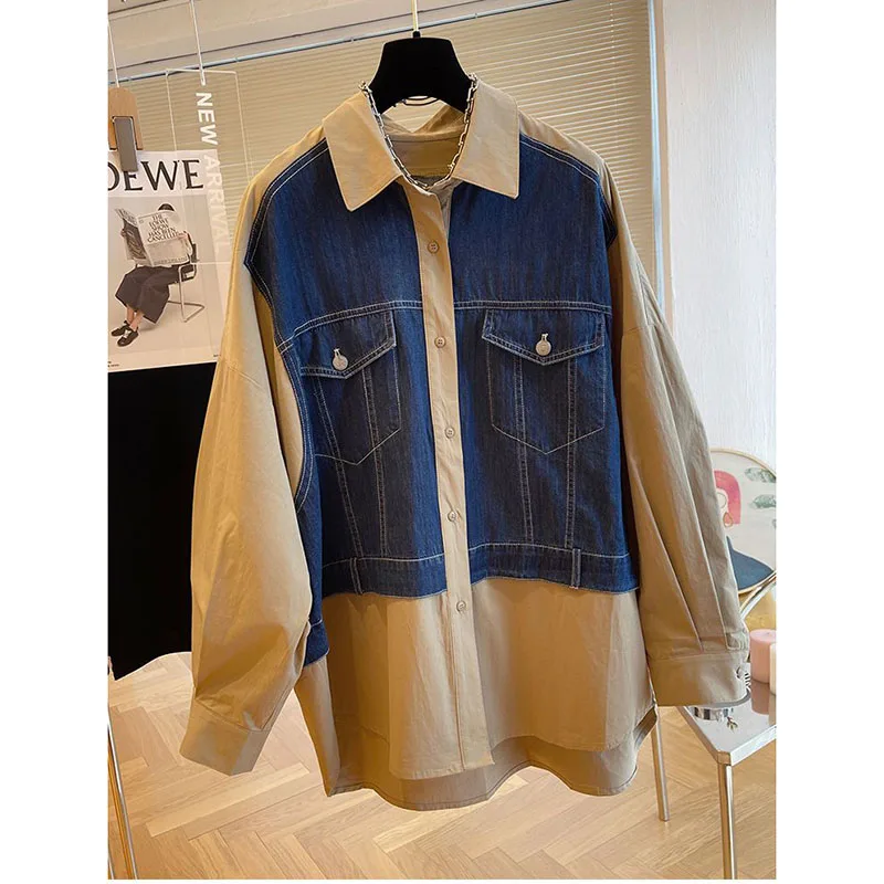 2024 Loose Joker Casual And Comfortable Denim Stitching Shirt Men Women Long Fake Two-Piece Vest Button Pocket Stitching Coat