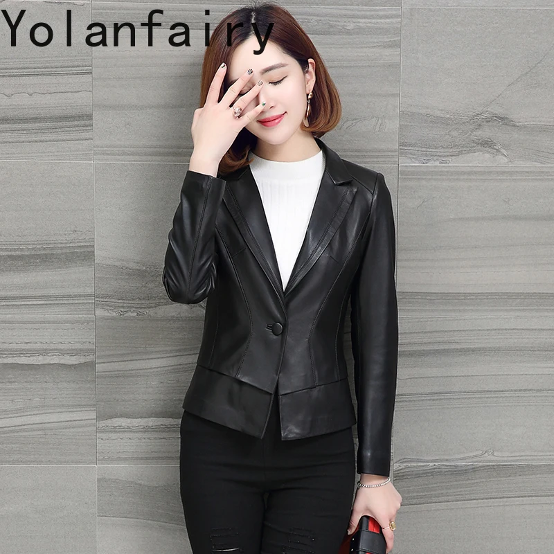YOLANFAIRY Nuovo 2025 Vera Pelle di Pecora Giubbotti di Pelle da Donna Slim-fit Cappotto del Vestito Breve Giacca di Pelle Genuina Donna Casaco Feminino