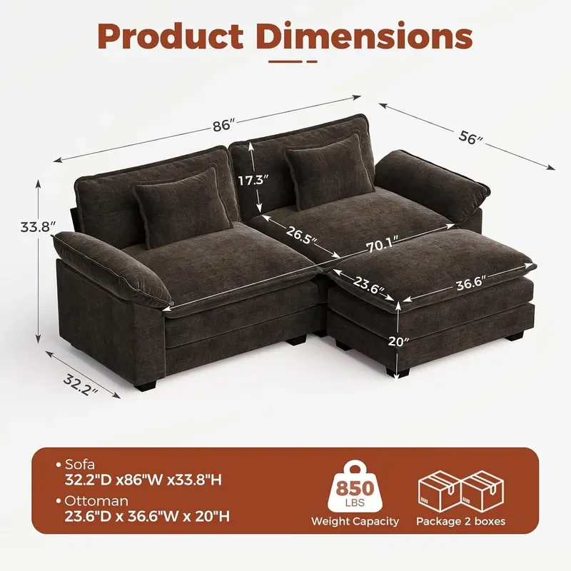 86 Modular Sectional Sofa Comfy L Shaped Cloud Couch with Ottoman 3 Seater Chenille Deep Seat Modern Sofa Couch for Living