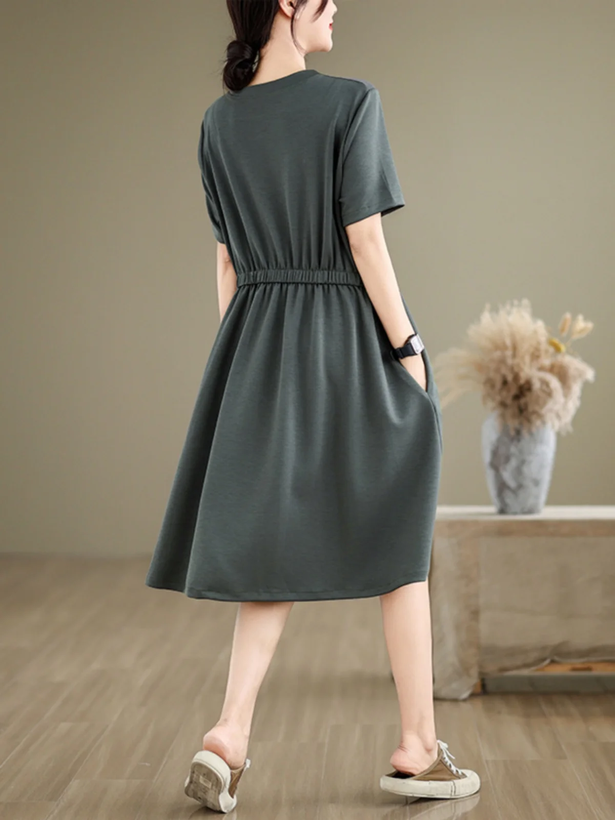 Été nouveau ey t-shirt style décontracté Dr femmes taille haute coton jupe mi-longue effet minceur Faionable een couleur dame Sle