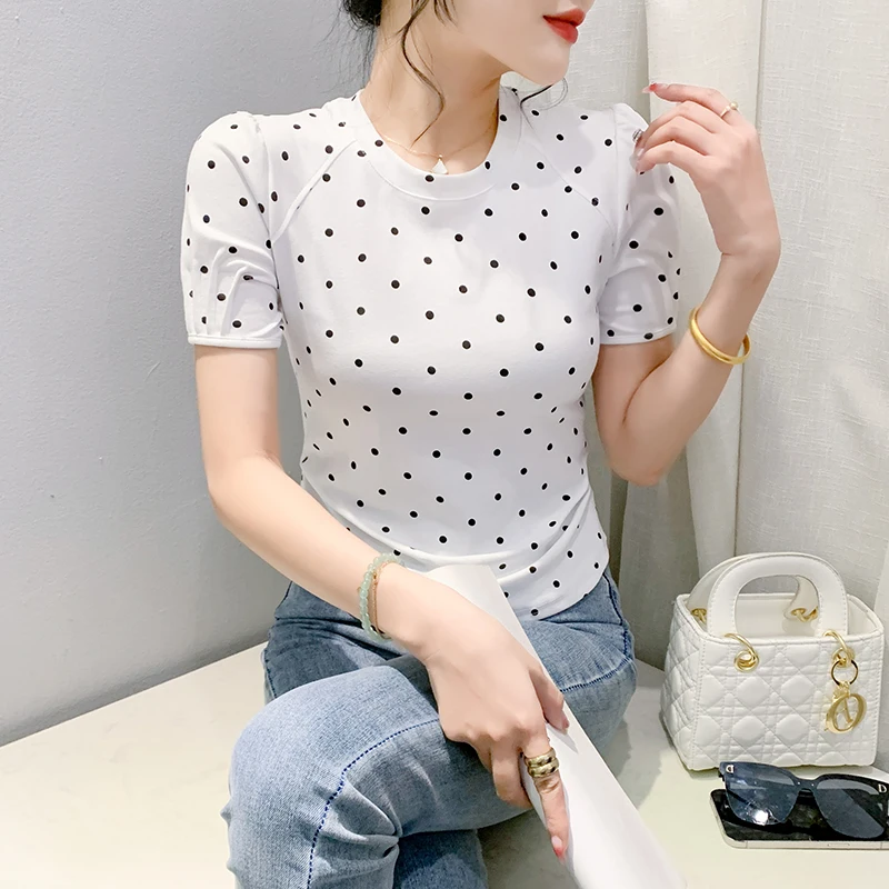 2024 New Summer European Clothes Cotton T-Shirt Fashion Sexy O-Neck Print Wave Point Draped Women Tops Short Sleeve Tees 46019