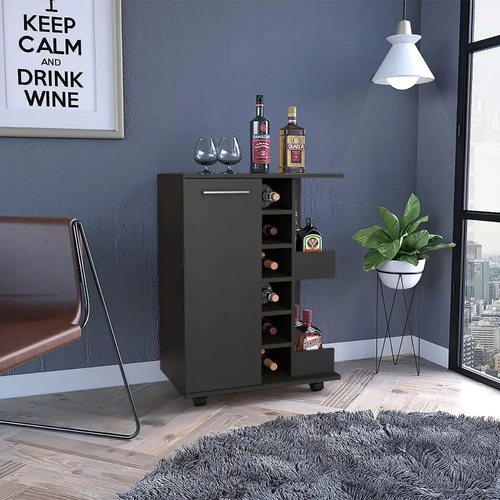 

32 Mobile Bar Cart with Cabinet, 4 Locking Wheels, 6 Bottle Holders, 2 Shelves, Ideal for Home or Kitchen Bar