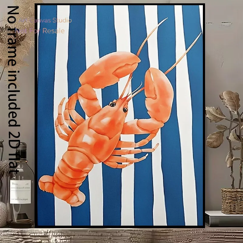 2D Flat, 2D Flat, A 1pc Decorative Canvas Painting Featuring an Orange Lobster Against a Blue Striped Background, Vividly Rea
