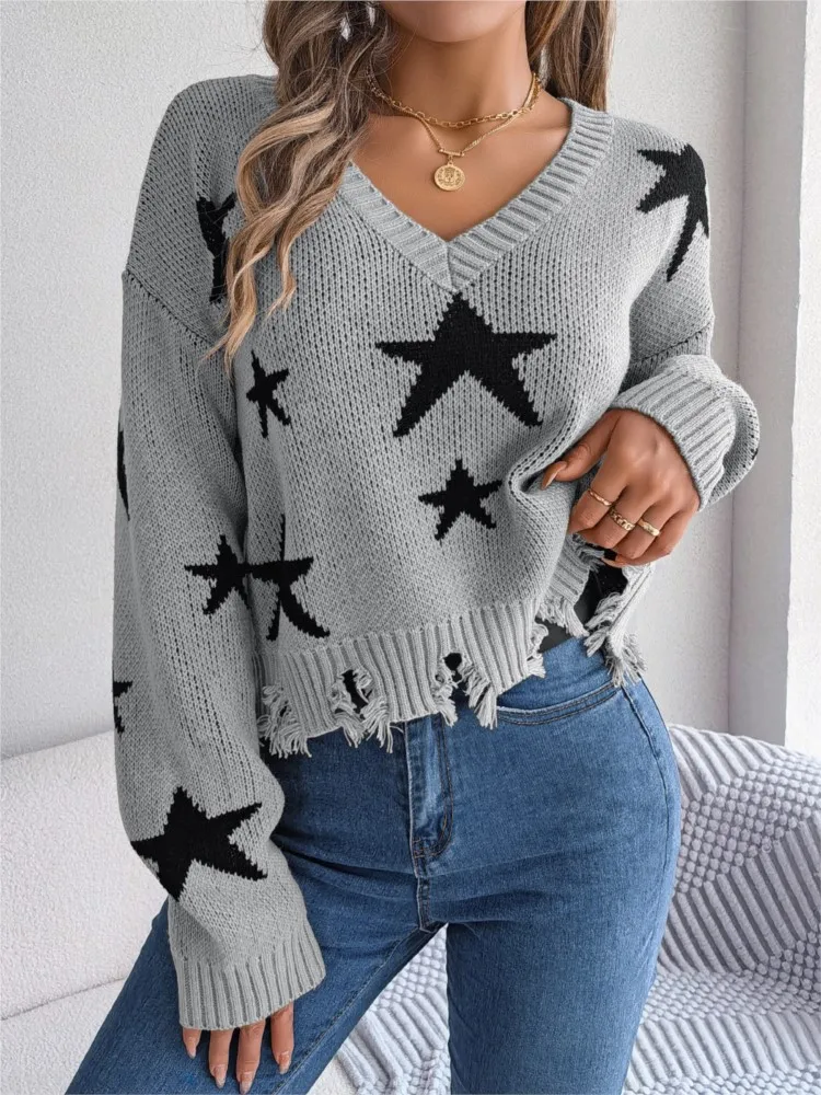 Dames Herfst Gebreide Pullover Trui Sexy V-Hals Mode Contrast Kleur Ster Print Holle Lange Mouw Comfortabele Trui