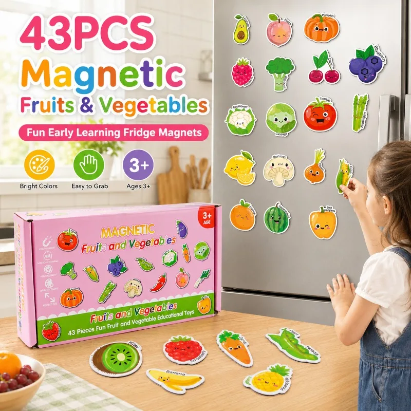 Cute Fruit and Vegetable Magnets for Kids, Magnetic Fridge Learning Toy, Early Education Color & Word Recognition Play Set