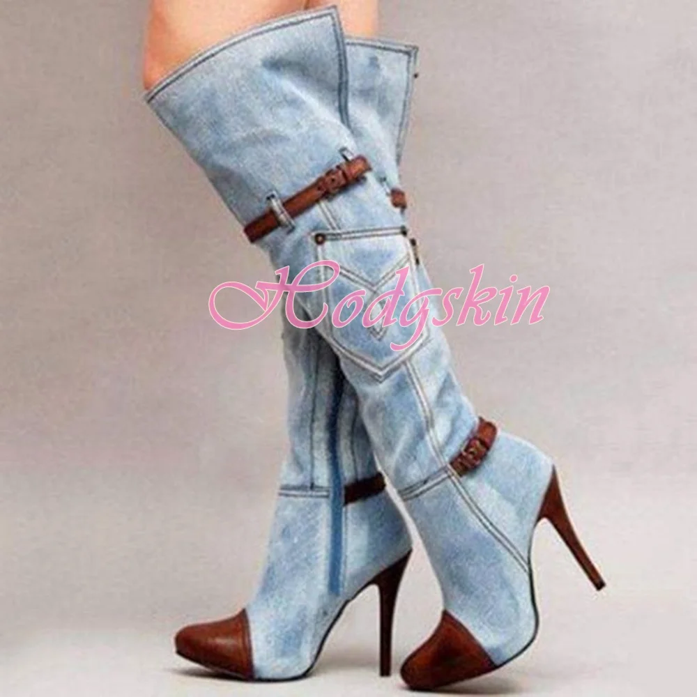 Denim Buckles Knee High Boots Pointy Toe Patchwork Side Zipper Stiletto Heels Boots Women's Shoes Spring Autumn Party Dress Sexy