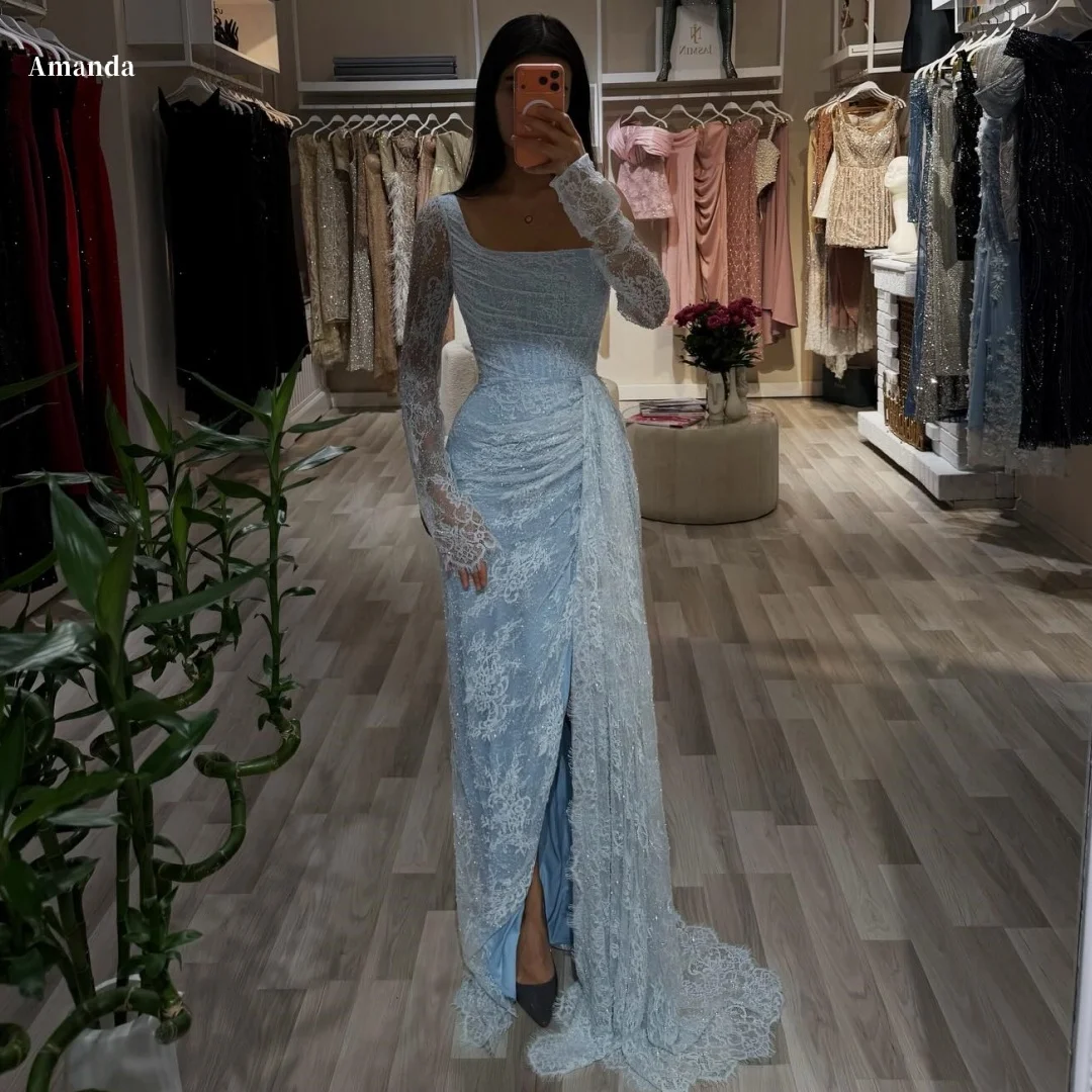 Amanda Customized Sky Blue Asymmetrical Neck Long Sleeve Lace Ruched High Slit Trailing Prom Dress vestidos de noche Formal