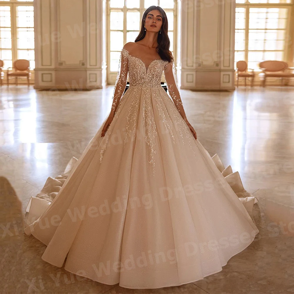 

Sparkling A Line Women's Wedding Dresses Lace Sequined Pearls Ball Vestido De Novia Bride Gowns Customized Long Sleeve Vestido
