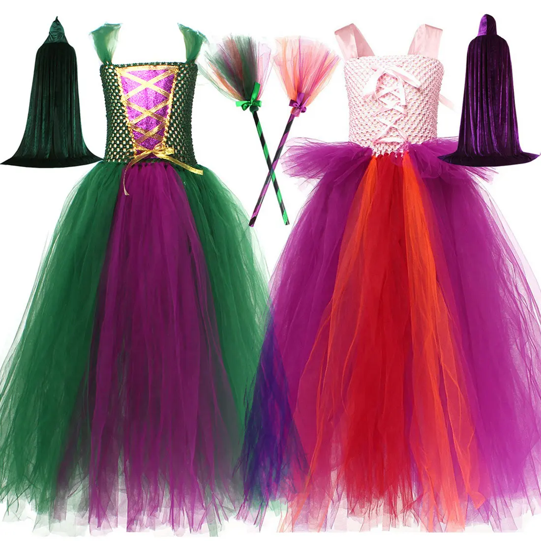 

2025 Halloween Witch Three Color Sleeveless Sling Cute Dress + Cloak + Broom Girl Cosplay Witch Easter Party Horror Scary Dress