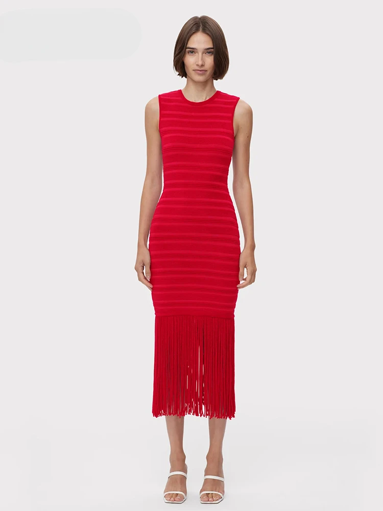 

2024 New Summer Women's Sexy Red Stripe Sleeveless Round Neck Tight Fringe Midi Dress Elegant Celebrity Style Party Gown