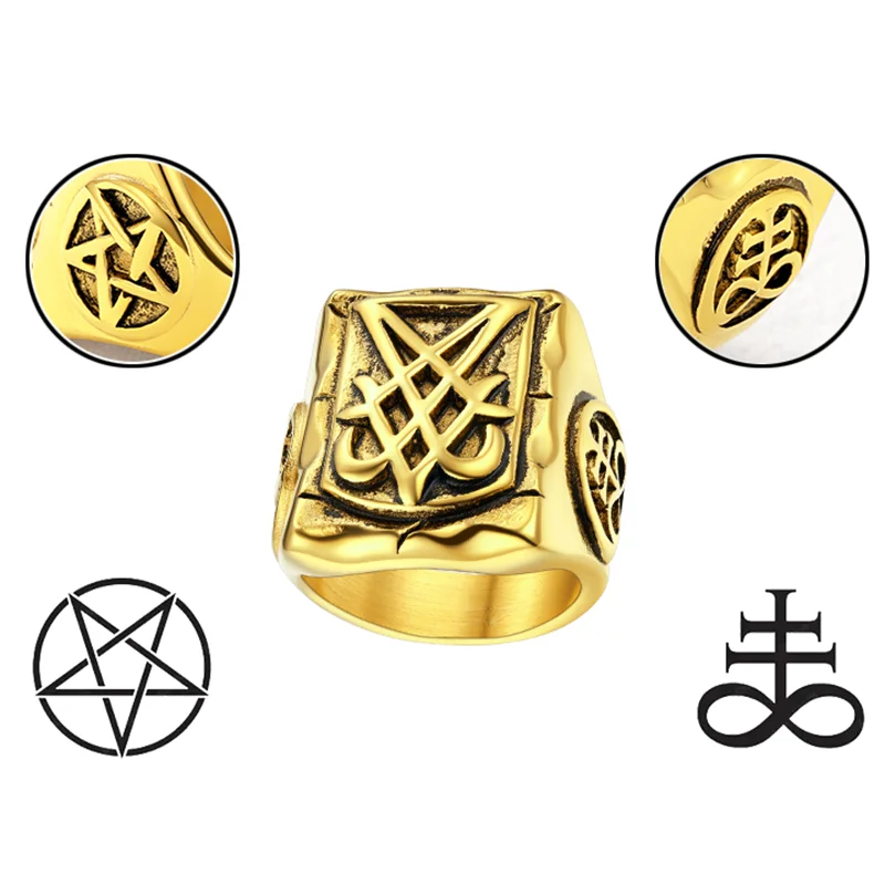 U7 Big Rectangle Rings Stainless Steel Gold Color Pentacle Occult Jewelry Sigil of Lucifer Signet Ring for Men Size 7-14