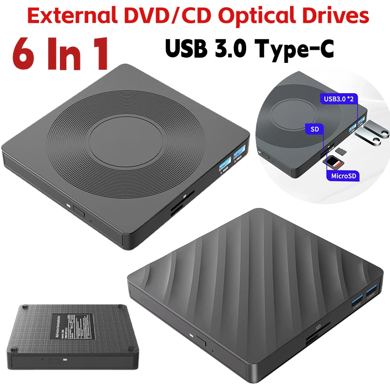 6 In 1 External DVD CD Drive USB 3 Type-C CD Player PC External Disk Drive External Optical Drive Portable DVD Player for Laptop