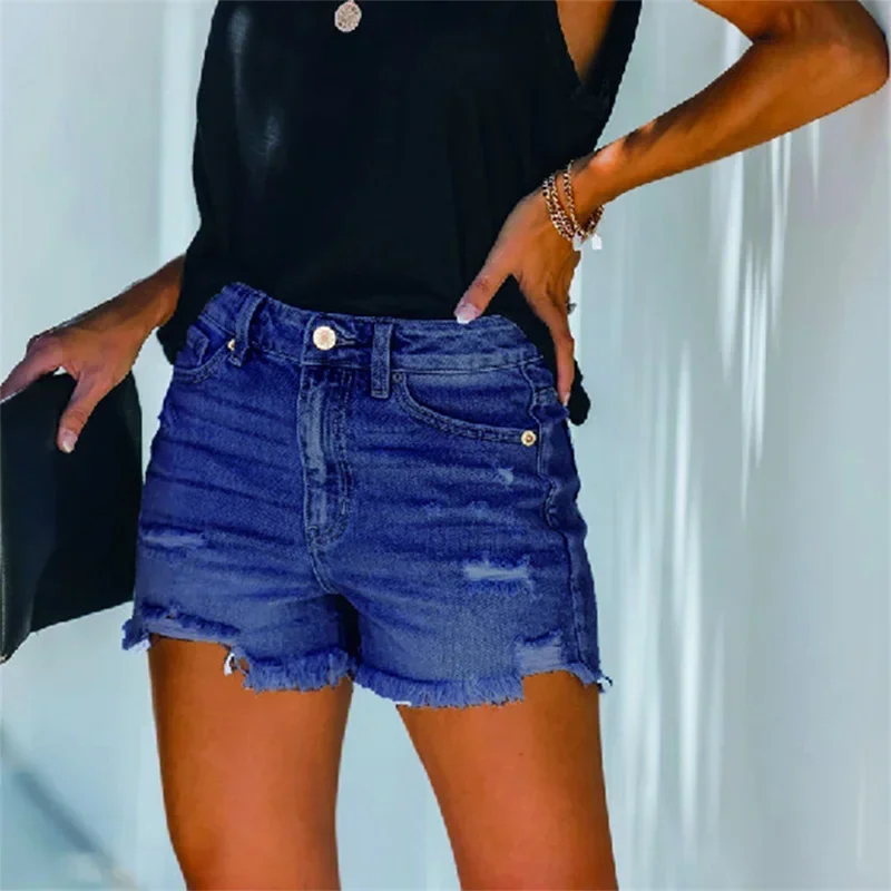 Vintage Broken Holes Tassel Denim Shorts Women High Waist Three Quarter Pants Summer Casual Streetwear Female Ultra Short Jeans