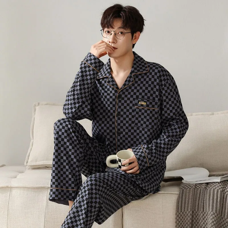 

Pajamas Men's Spring Autumn Pure Cotton Long Sleeves 2024 New Casual Large Size Sleepwear Set Boys Lapel Cardigan Homewear Suit