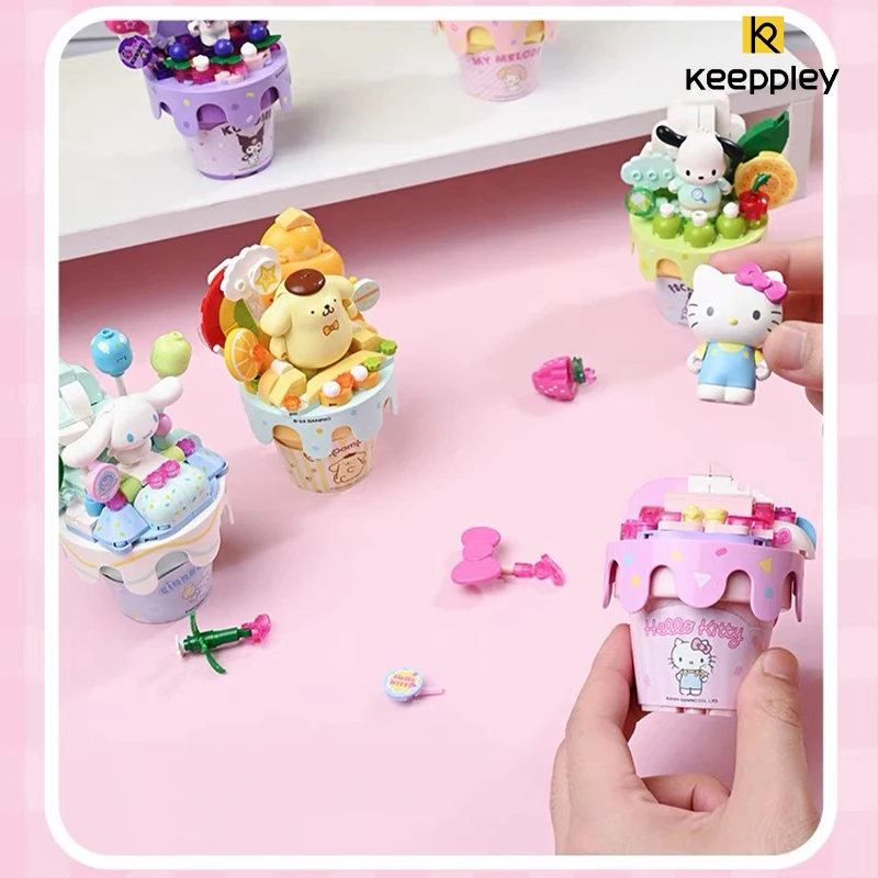 New Keeppley Sanrio Building Block Kuromi My Melody Hellokitty Cartoon Ice Cream Cake Decoration Model Children's Toys Girl Gift