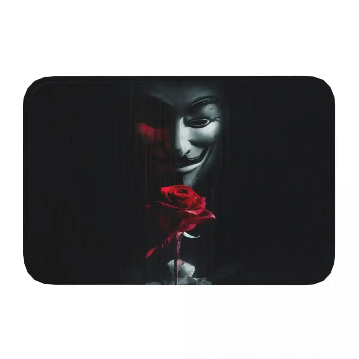 Non-slip Rug Doormat Kitchen Mat Anonymous Mask Red Rose Digital Art Floor Carpet Indoor Decor