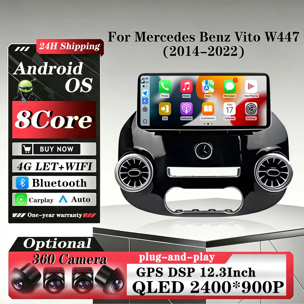 Wireless Carplay Android 16 Auto Multimedia Stereo Player Navigation for Mercedes Benz Vito W447 2014-2022 with Tools Fan
