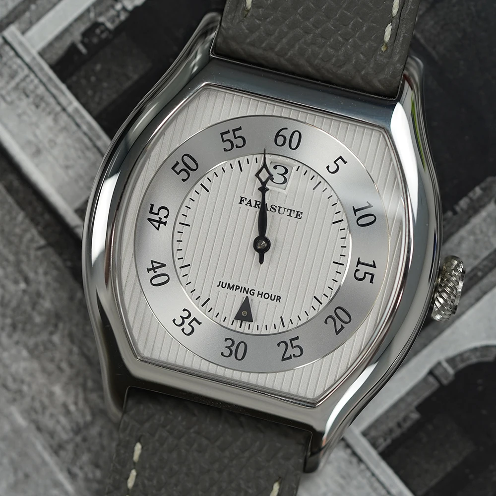 

Мужские наручные часы FARASUTE Retro Salmon Dial Jumping Hour с автоматическим механизмом Seagull ST17, сапфировым стеклом и винтажным окошком даты