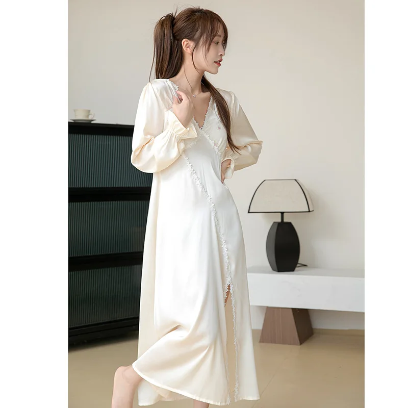 Spring Autumn Long Sleeved Home Dressing V-Neck Satin Nightdress Sexy Slit Nightgown Loose Casual Sleepwear Female Lingerie