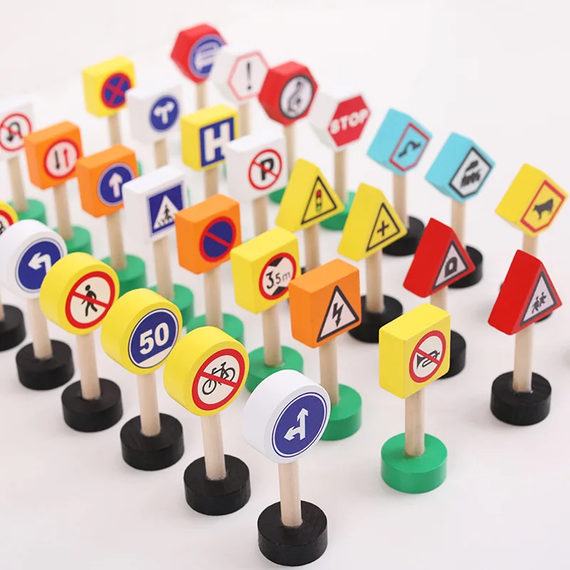 Wooden Traffic Signs,Building Blocks,Children's Educational Safety Awareness Enlightenment,Rail Street View Toy Accessories