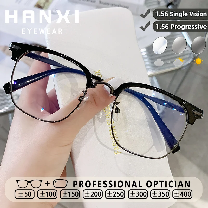 HANXI Retro Business Metal Frame Eyewear Men Anti Blue Light Progressive Photochromic Custom Prescription Myopia Reading Glasses