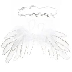 2pcs/set Angel Feather Wings with Leaves Headband Baby Girls Birthday Gifts Photography Props Children Newborn Kids Accessories