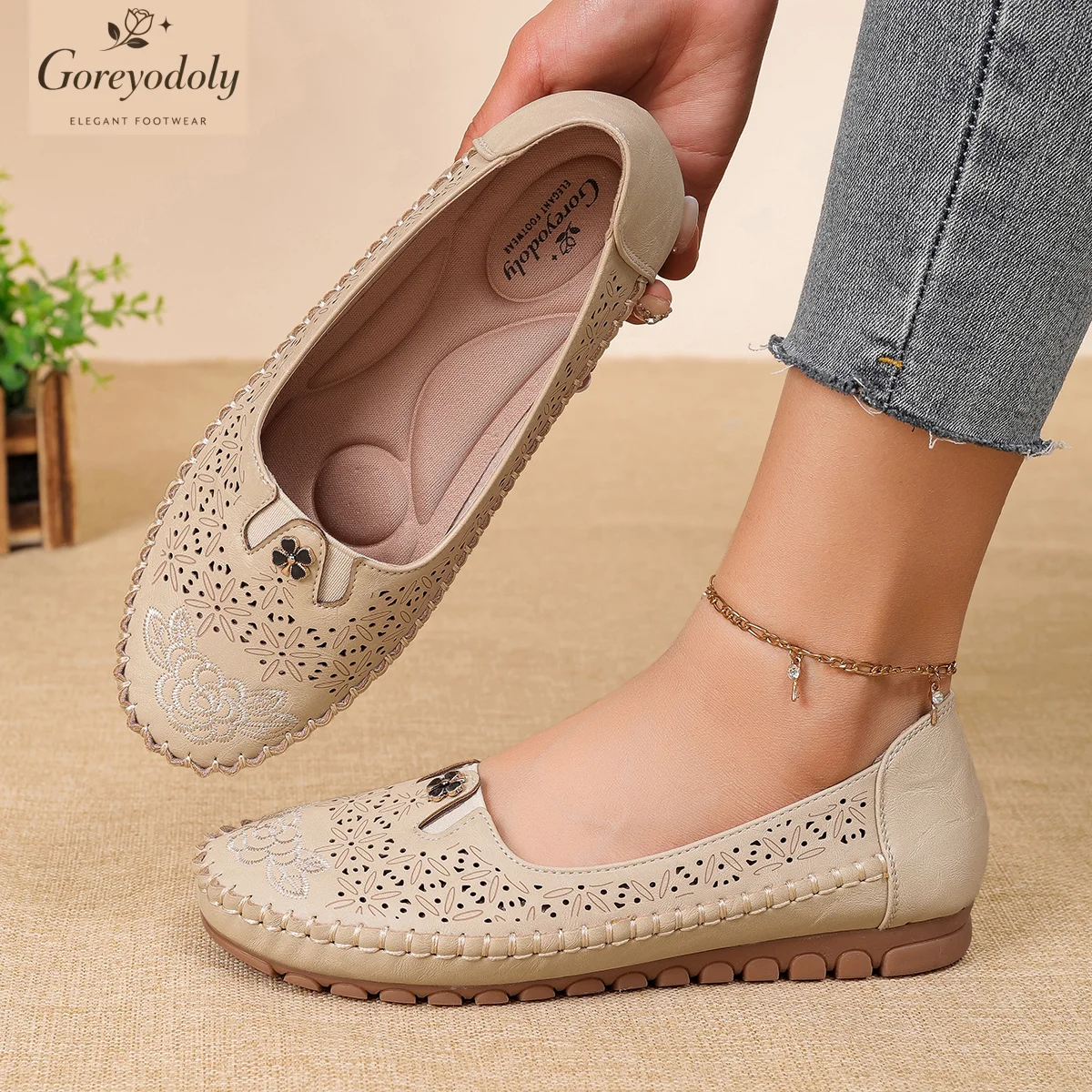 

Goreyodoly women loafers floral embroidery hollow design slip on flats breathable lightweight casual walking shoes soft non slip