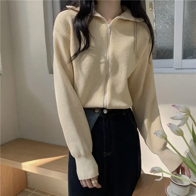 Fashion Zipper Cardigan Loose Simple Versatile Long-sleeved Knitted Cardigan Grey Autumn and Winter Casual Turtleneck Sweater