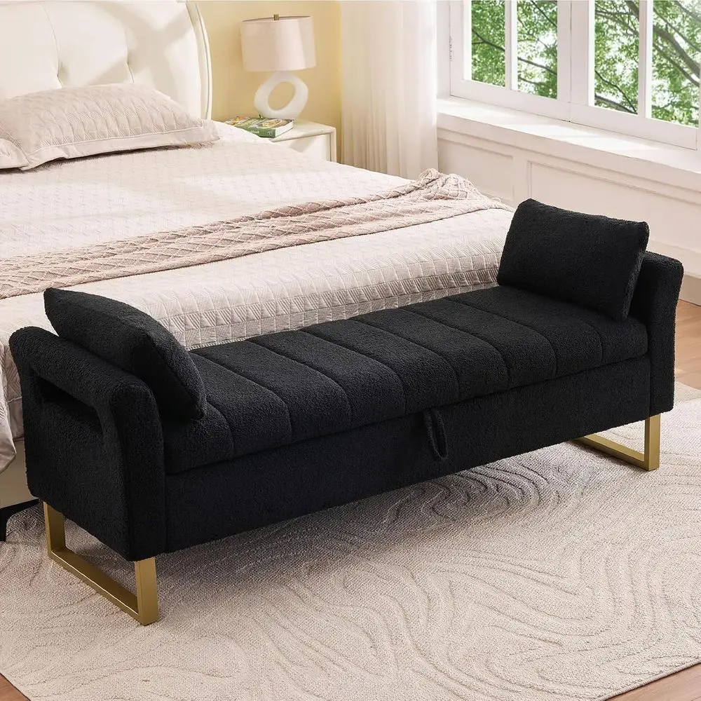 66-inch Storage Bench for King Size Bed, Long Bedroom Bench with Gold Legs, Comfortable Bed Bench with Storage, Pillows, Suitabl