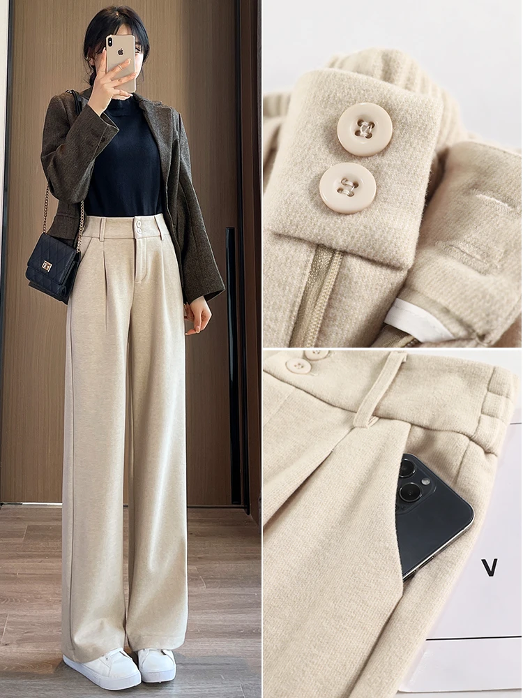 2024 Women's Autumn Winter New Woolen Wide-leg Pants Female High Waist Straight Pant Ladies Loose Warm Casual Trousers L403