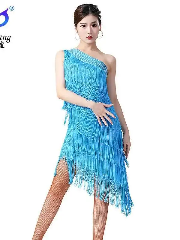 Costume da spettacolo di danza latina Abito da ballo con nappe Abito da ballo di danza del ventre Chacha Abito da competizione teatrale Abito da ballo con spalla inclinata