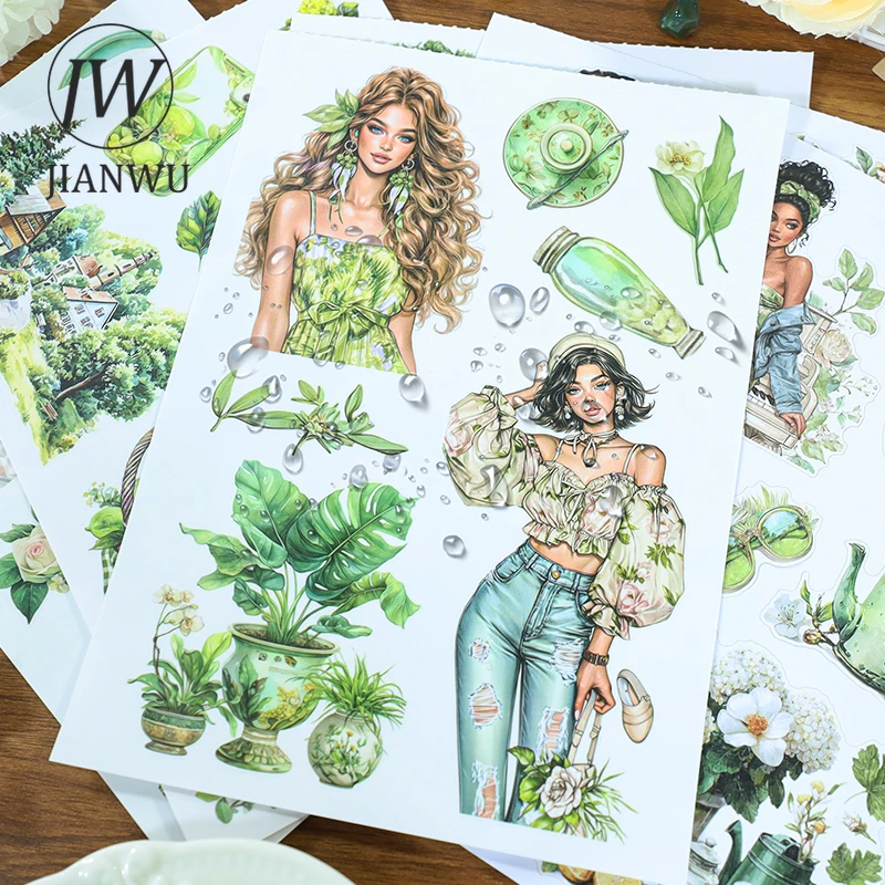 

JIANWU винтажный зеленый персонаж растение цветок пейзаж материал коллаж наклейка для скрапбукинга книга креативный DIY журнал канцелярские принадлежности