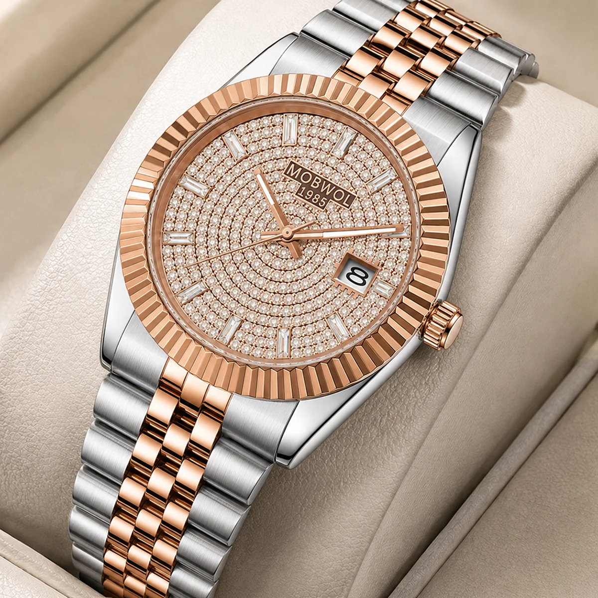 Smartwatch Luxury Watches - MOBWOL Herren-Luxus-Quarzuhr, Edelstahl, Roségold, Silber, Leuchtzeiger,