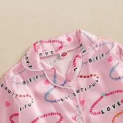 Valentine s Day Girls Satin Pajama Set with Heart Print Long Sleeve Button-up Top and Pants Sleepwear Outfit - 2 Piece