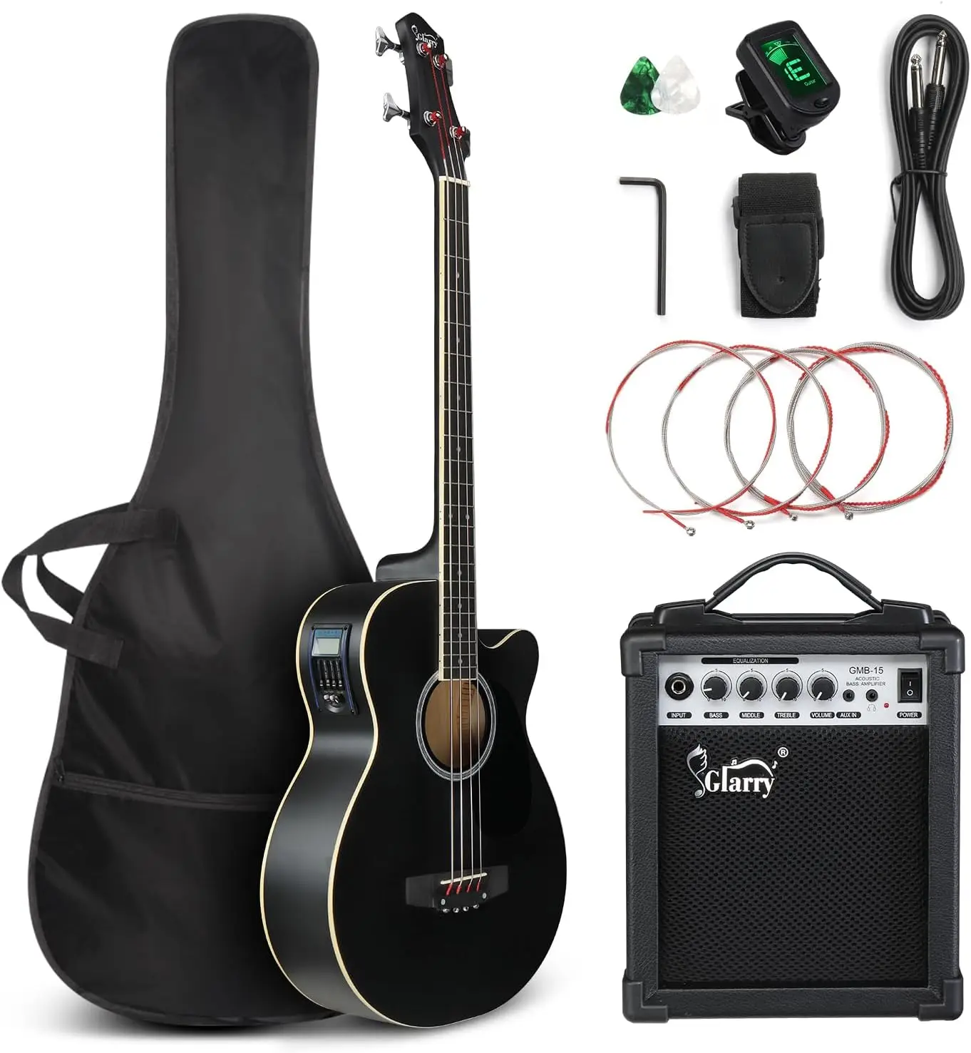 Acoustic Electric Bass Guitar Beginner Kit Full Size with 15W Amp, Cutaway 4-String Bass w/ Built-in Tuner, Includes Gig Bag, Strap, Picks, Extra Strings, Matte Black Finish
