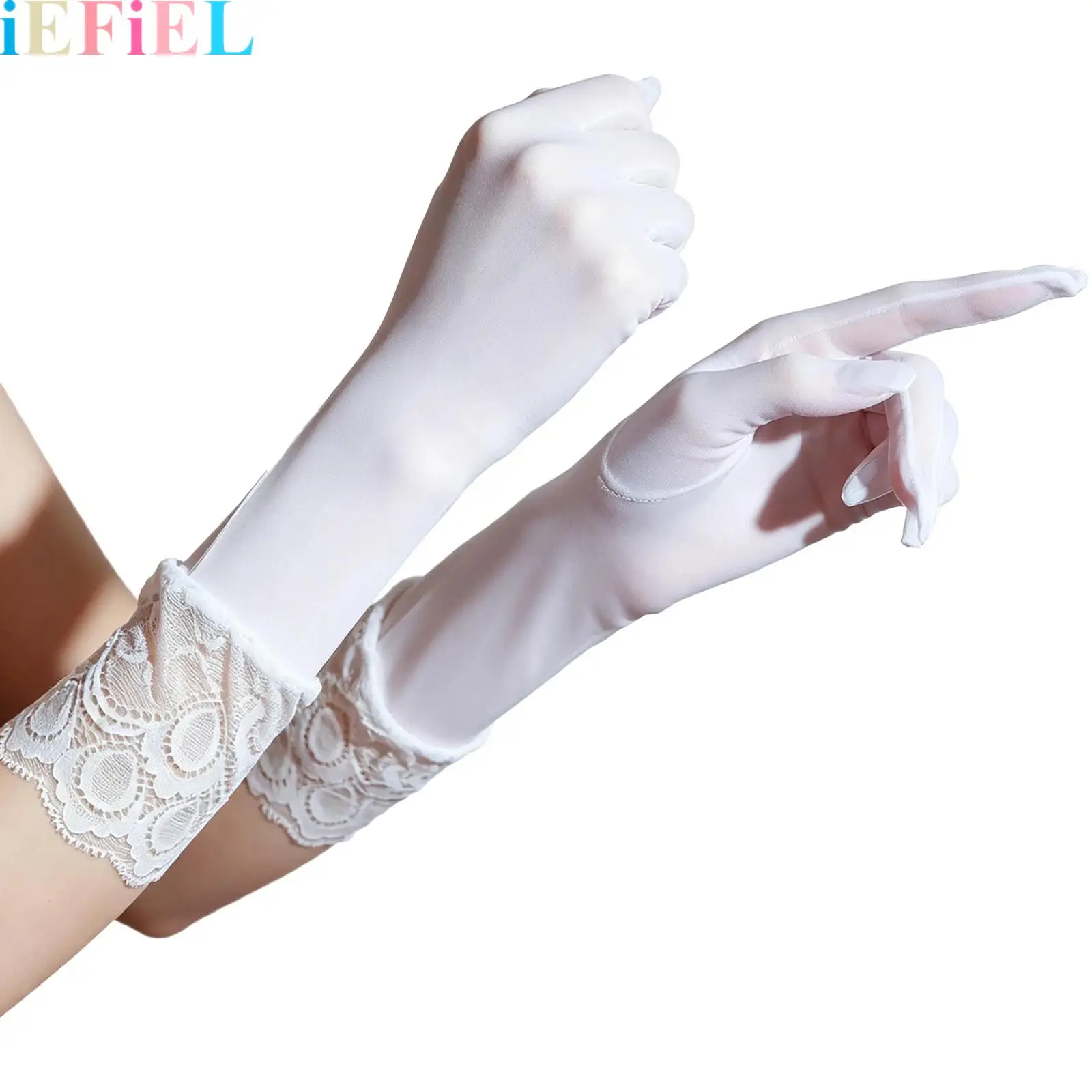 

Women Silky Oil Gloss Gloves Patchwork Lace Design Five Fingers Gloves for Elasticity Lace Trim Gloves