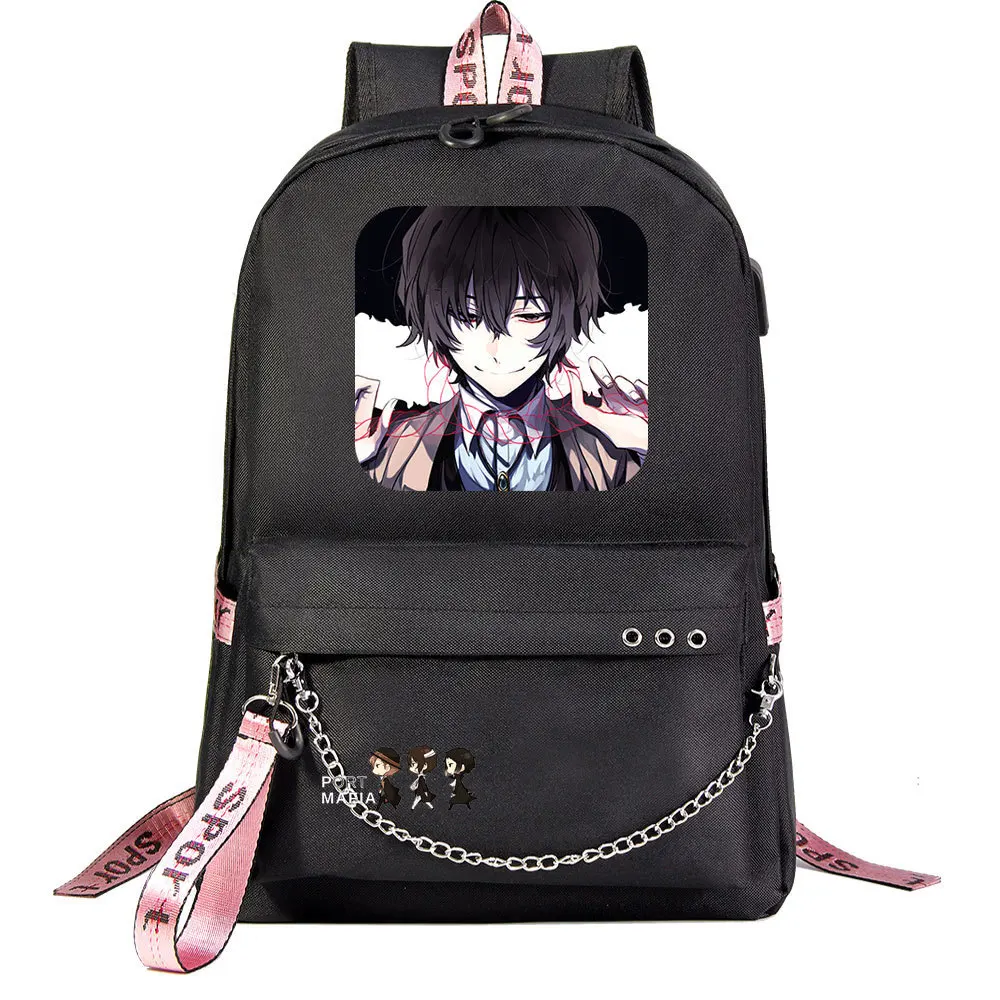 Anime Bungo Stray Dogs Dazai Osamu USB Backpack School Book Bags Fans Travel Bags Laptop Chain Headphone