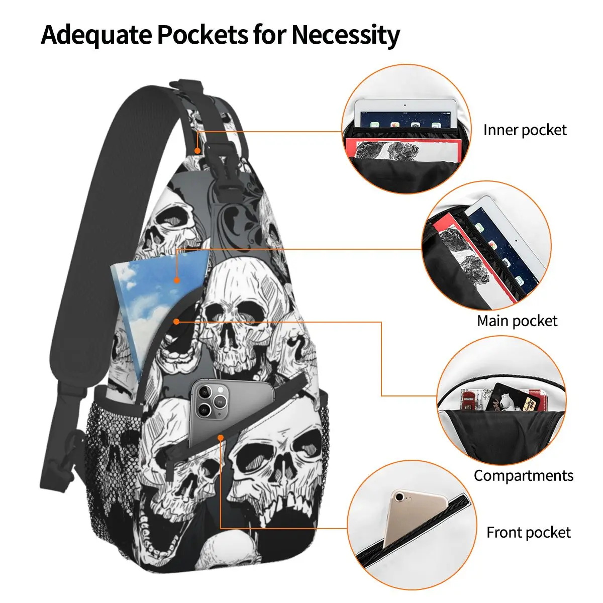 Death Skull Gothic Crossbody Sling Bags Small Chest Bag Shoulder Backpack Daypack for Hiking Outdoor Cycling Bag