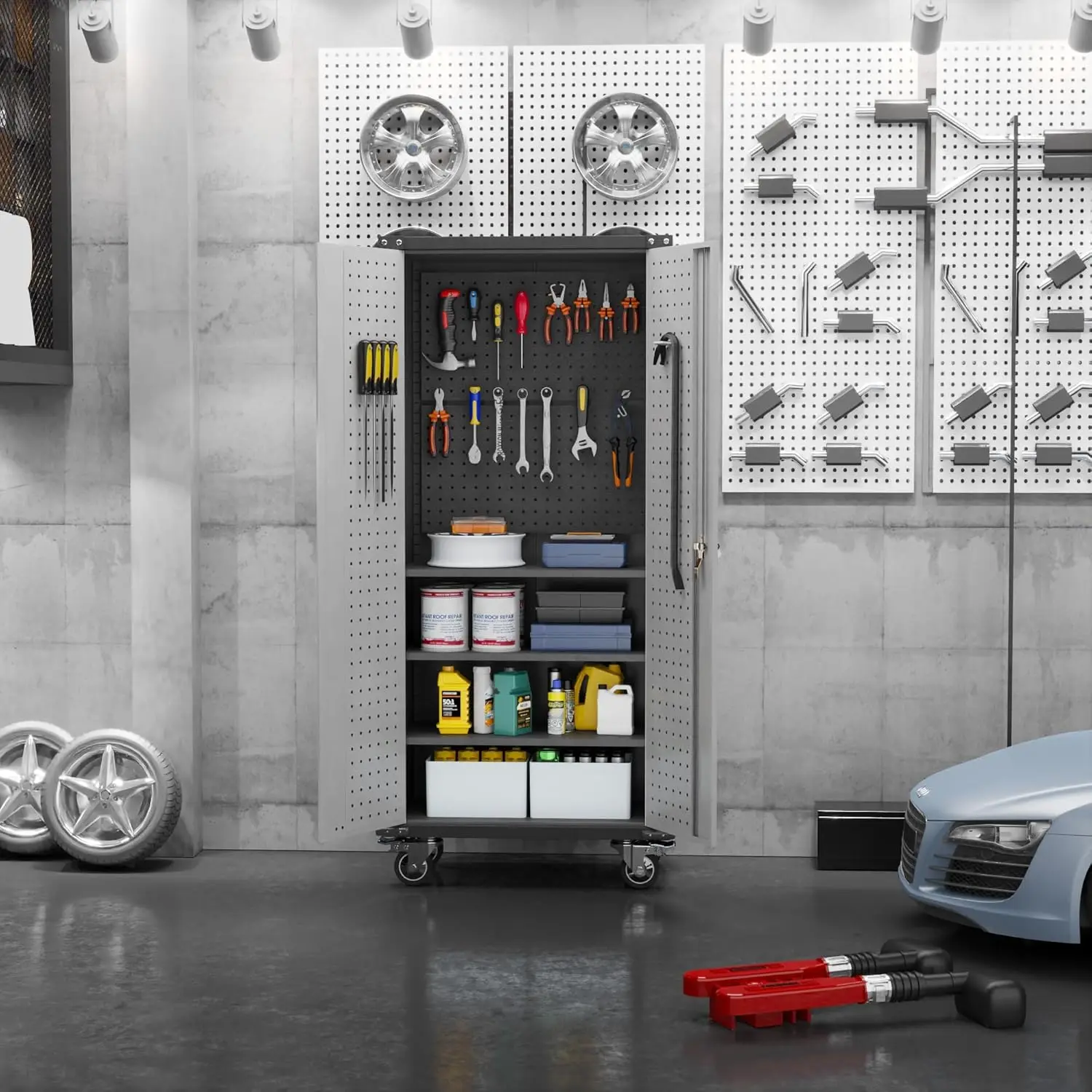 Cabinet with Wheels and Pegboard, 71