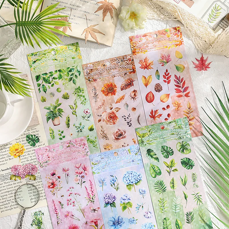 6 Sheets Laptop Stickers Scrapbook Stickers DIY Decorative Flora Green Plants Set Stickers for Laptop Envelop Scrapbook Notebook